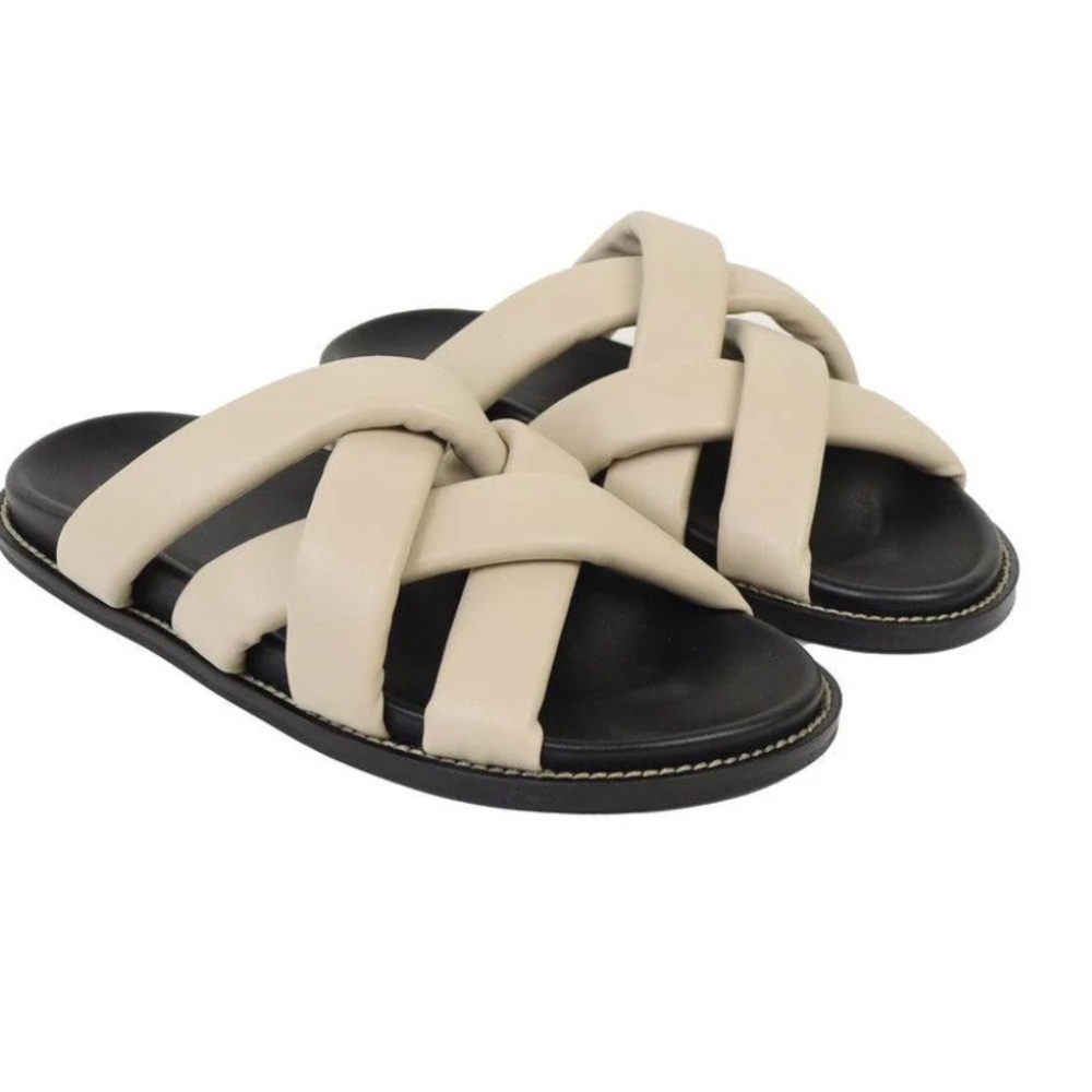 MaxMara Cream and Black Woven Leather Slide Sandals